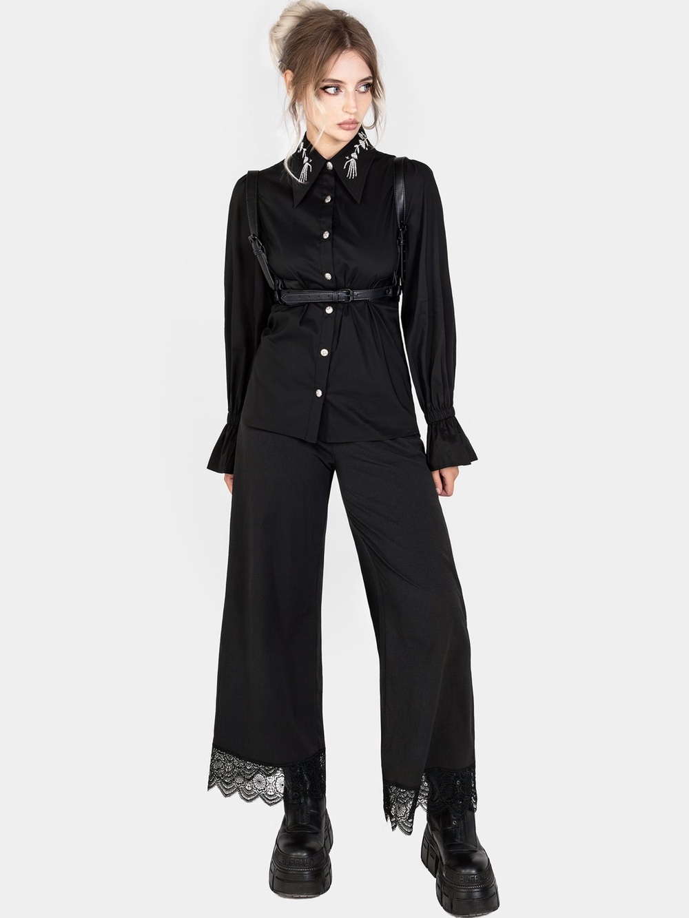Disturbia Tempora Embroidered Button Up Shirt in Black US 4 / UK 8 - Picture 8 of 12